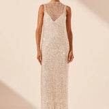 SHONA JOY - Asteri High Neck Sleeveless Maxi Dress - Silver