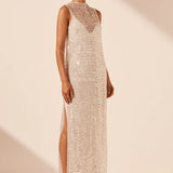 SHONA JOY - Asteri High Neck Sleeveless Maxi Dress - Silver