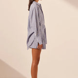 SHONA JOY - Yasmine Curved Hem Shirt - Chambray Blue/Ivory