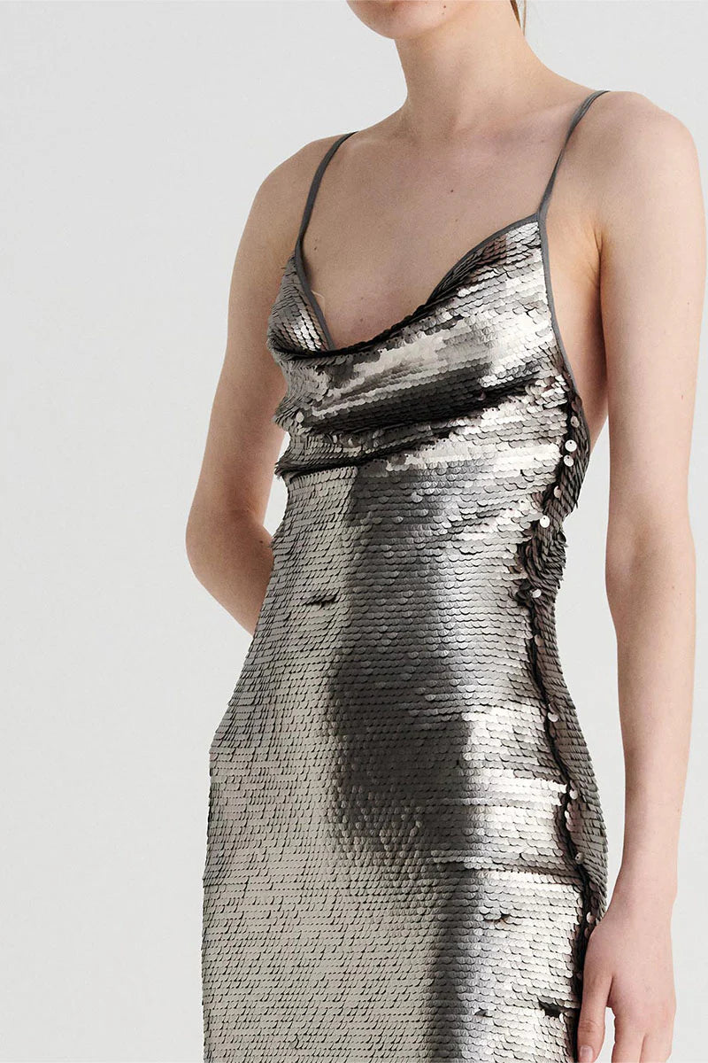 SUBOO - Luna Cowl Neck Mini Dress - Silver