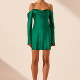 SHONA JOY - Elle Silk Off The Shoulder Tie Mini Dress - Emerald Green