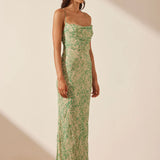 Shona Joy - Belvedere Lace Back Bias Maxi - Tree Green / Multi