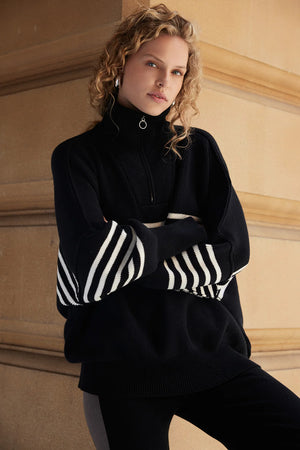 ARCAA - London Zip Stripe Sweater - Black & Cream
