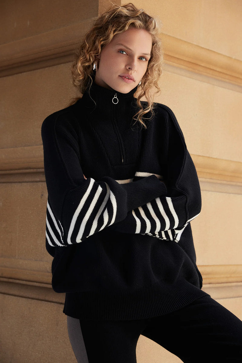 ARCAA - London Zip Stripe Sweater - Black & Cream