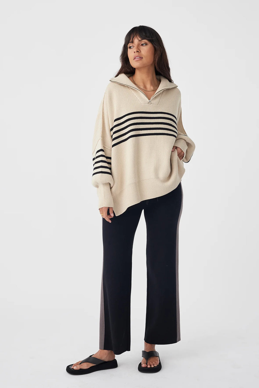 ARCAA - London Zip Stripe Sweater - Sand
