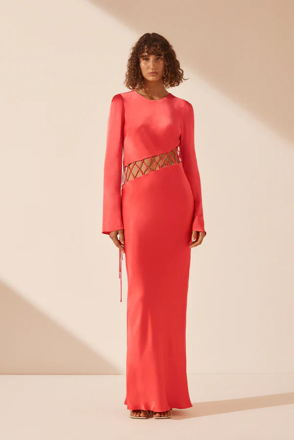 SHONA JOY Lydie Asymmetrical Lace Up Dress Poppy Red