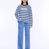 ENA PELLY - Maria Boxy Long Sleeve Tee - Blue / Brown Stripe