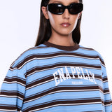 ENA PELLY - Maria Boxy Long Sleeve Tee - Blue / Brown Stripe