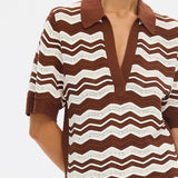 KIVARI - Sarah Knit Polo Top - Choc Ivory Stripe