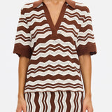 KIVARI - Sarah Knit Polo Top - Choc Ivory Stripe