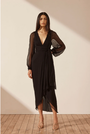 Shona Joy - Isola Plunged Long Sleeve Midi Dress - Black