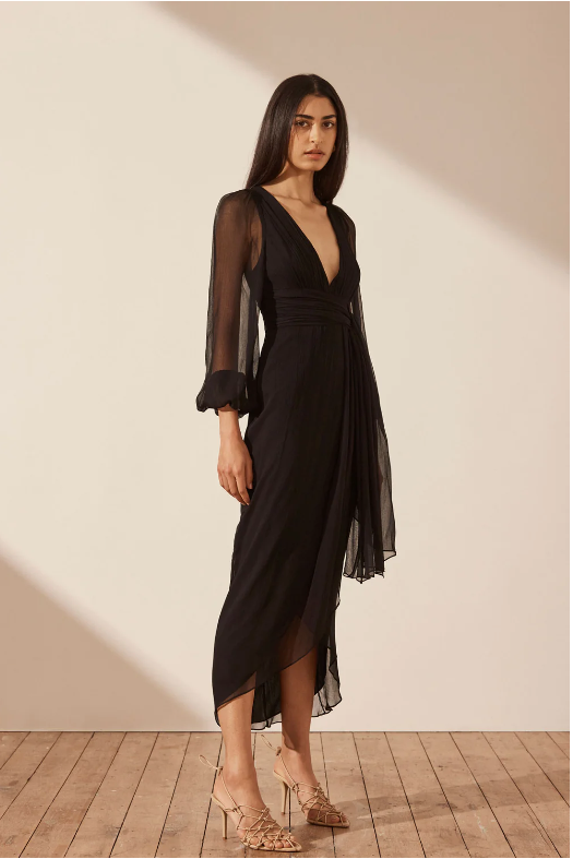 Shona Joy - Isola Plunged Long Sleeve Midi Dress - Black