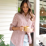 HUT CLOTHING - Boyfriend Linen Shirt - Rhubarb Yarn Stripe