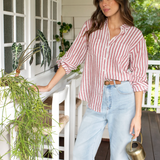 HUT CLOTHING - Boyfriend Linen Shirt - Rhubarb Yarn Stripe