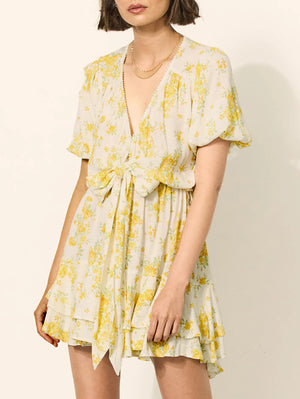 Kivari - Marielle Tie Front Mini Dress - Yellow Ditsy