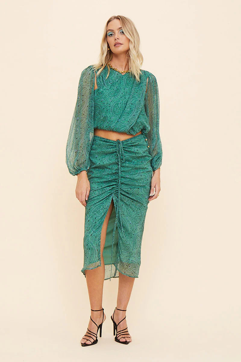 Suboo - Stella Gathered Skirt - Green Paisley