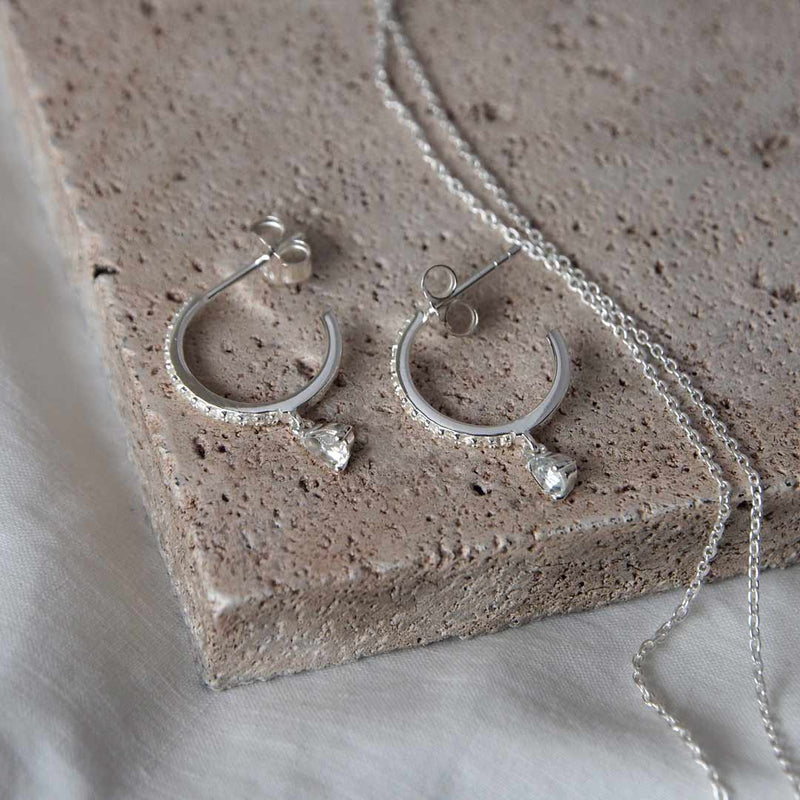 Murkani - Tear Drop White Topaz Hoops - Silver