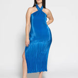 L'IDÉE - Soiree Pleated Halter Gown - Moroccan Blue