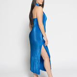 L'IDÉE - Soiree Pleated Halter Gown - Moroccan Blue