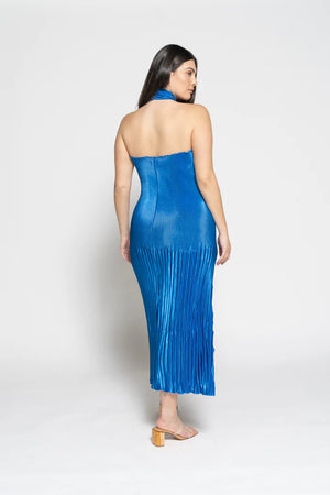 L'IDÉE - Soiree Pleated Halter Gown - Moroccan Blue