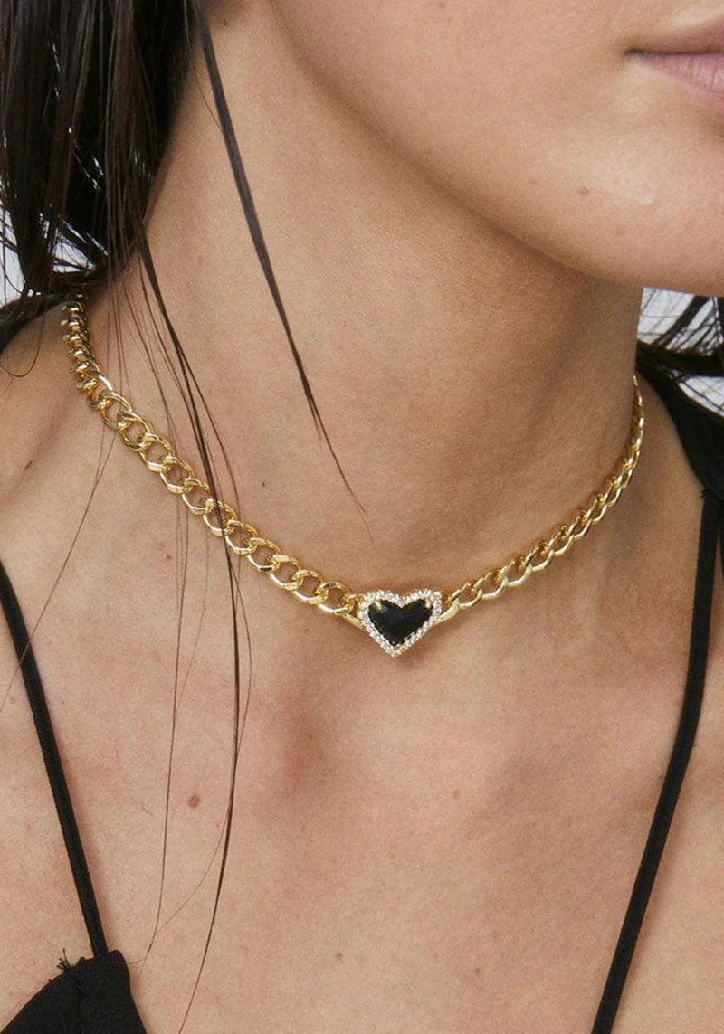F & H Studios - Whitney Gemstone Heart Choker Necklace - Brass + 18k Gold + Onyx